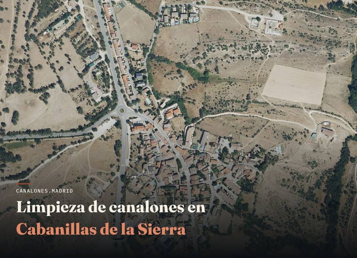 Vista aérea de Cabanillas de la Sierra, zona de servicio de canalones.madrid para la limpieza y el mantenimiento de canalones, en la Sierra Norte de Madrid.
