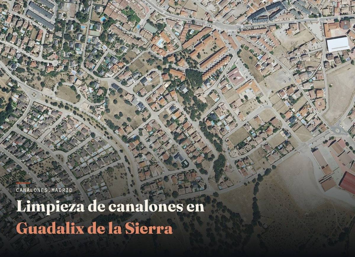 Limpieza de canalones en Guadalix de la Sierra | canalones.madrid Vista aérea de Guadalix de la Sierra, zona de servicio de canalones.madrid para la limpieza y el mantenimiento de canalones, en la Sierra Norte de Madrid.