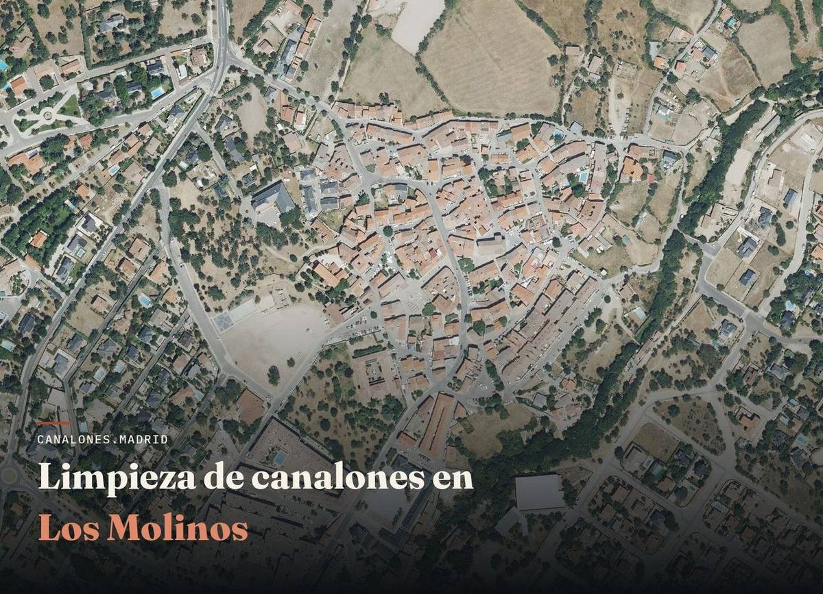 Limpieza de canalones en Los Molinos | canalones.madrid Vista aérea de Los Molinos, zona de servicio de canalones.madrid para la limpieza y el mantenimiento de canalones, en la zona de sierra alta de la Comunidad de Madrid.