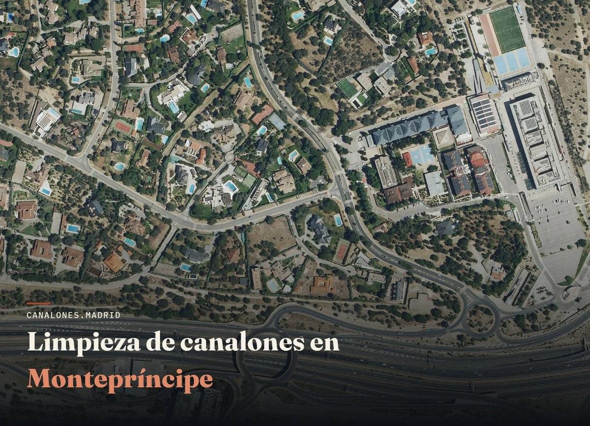 Limpieza de canalones en Montepríncipe | canalones.madrid Vista aérea de Montepríncipe, zona de servicio de canalones.madrid para la limpieza y el mantenimiento de canalones, en el oeste de la Comunidad de Madrid.
