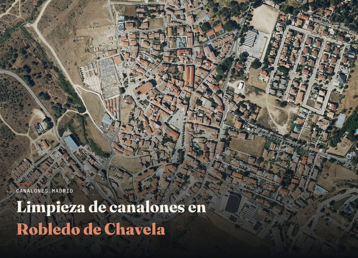 Servicio de limpieza de canalones en Robledo de Chavela, Comunidad de Madrid — canalones.madrid, en una localidad de casco histórico y construcción tradicional.