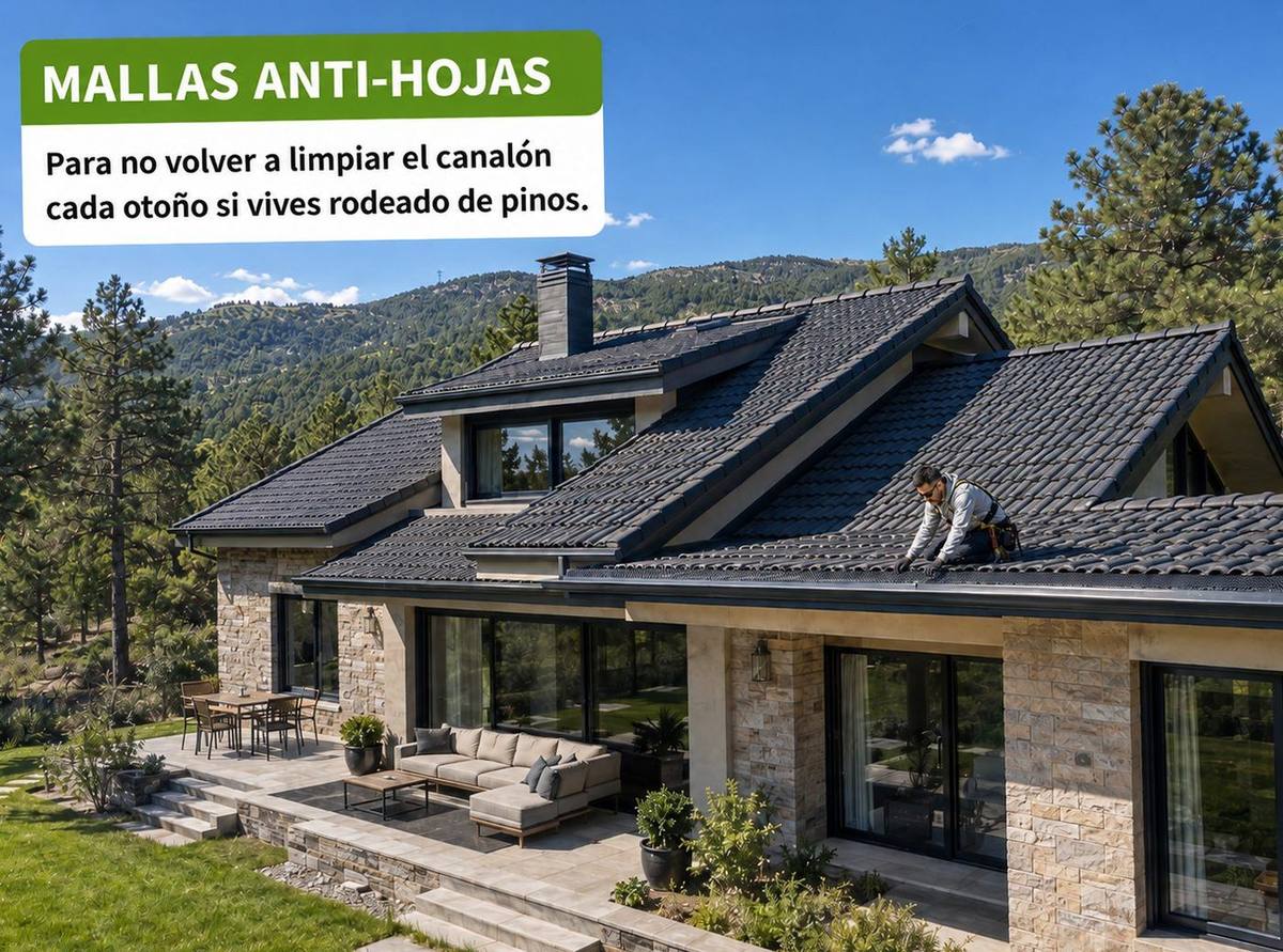 Mallas anti-hojas para canalones | Canalones.Madrid Protección de canalón con malla anti-hojas en la Sierra de Madrid.